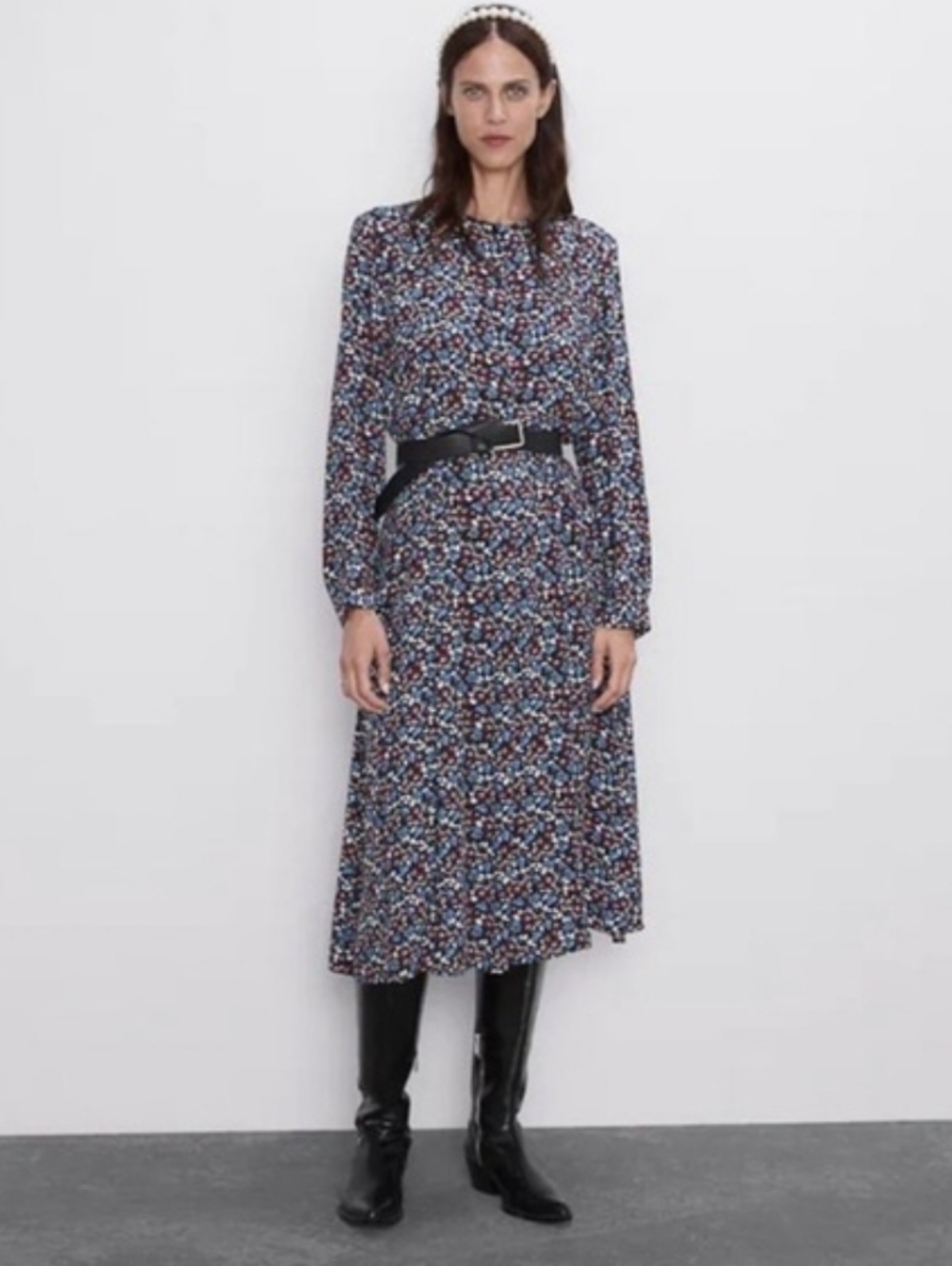 Zara Floral Long Sleeve Midi Dress Size XS